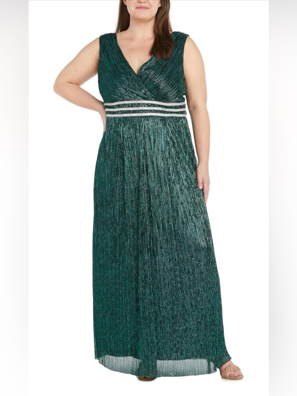 R&M Richards Emerald Green Metallic V-Neck Maxi Dress